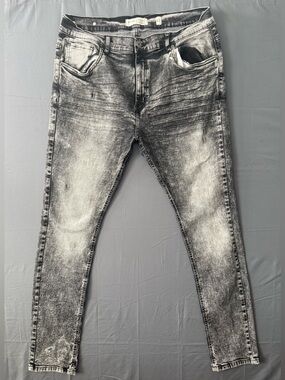 Evolution In Design Men's Gray Acid Wash Slim Moto Jeans- Textured Faded denim
